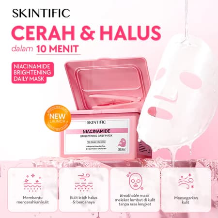 [New Launch]SKINTIFIC Niacinamide Brightening Daily Mask 30 Sheets | Hydrating Glow Sheet Mask Wajah | Mengurangi Komedo & Pori | Skincare Mencerahkan Kulit Kusam
