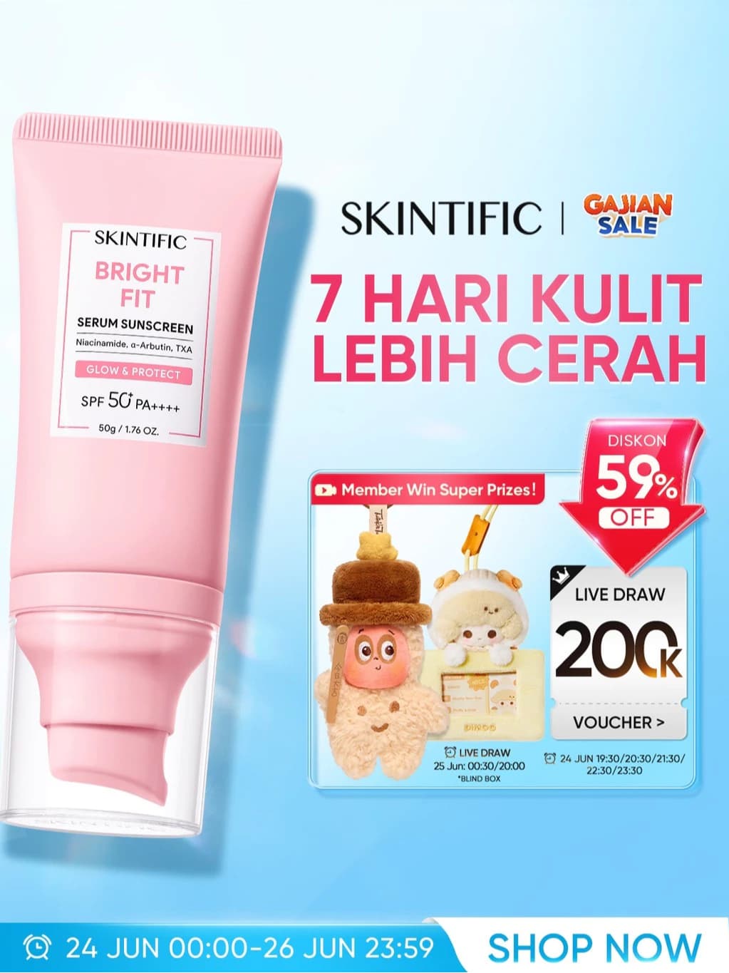 SKINTIFIC Niacinamide  Bright SPF50+ Sunscreen Wajah PA++++ 50gr Serum Sunblock Tone Up Mencerahkan Tidak whitecast Non-Comedogenic Tinted Skin Aqua Physical Sunscreen Melindungi UV Menyerap Cepat Glowing Up with Tranexamic acid Alpha-arbutin UVA UVB