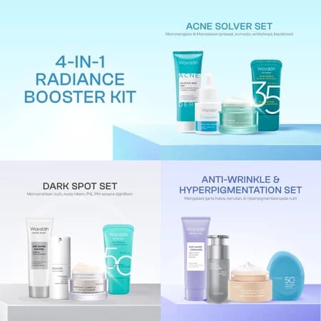 WARDAH Paket 4 pcs Skincare Solusi Masalah Kulit - Brightening Glow, Repair Barrier, Anti Wrinkle, Firm & Lift, Strong Barrier,  Acne Solver - Facial Wash, Moisturizer, Serum, UV Shield Sunscreen  - Skincare