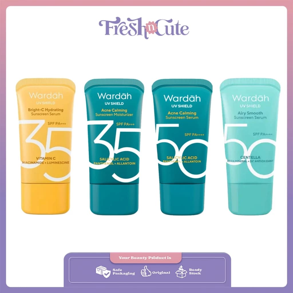 WARDAH - UV Shield Acne Calming Sunscreen Moisturizer SPF 35 PA+++ | UV Shield Acne Calming Sunscreen Serum SPF 50 PA++++ | UV Shield Bright-C Hydrating Sunscreen Serum SPF 35 PA+++ | Wardah UV Shield Airy Smooth Sunscreen Serum SPF 50 PA++++