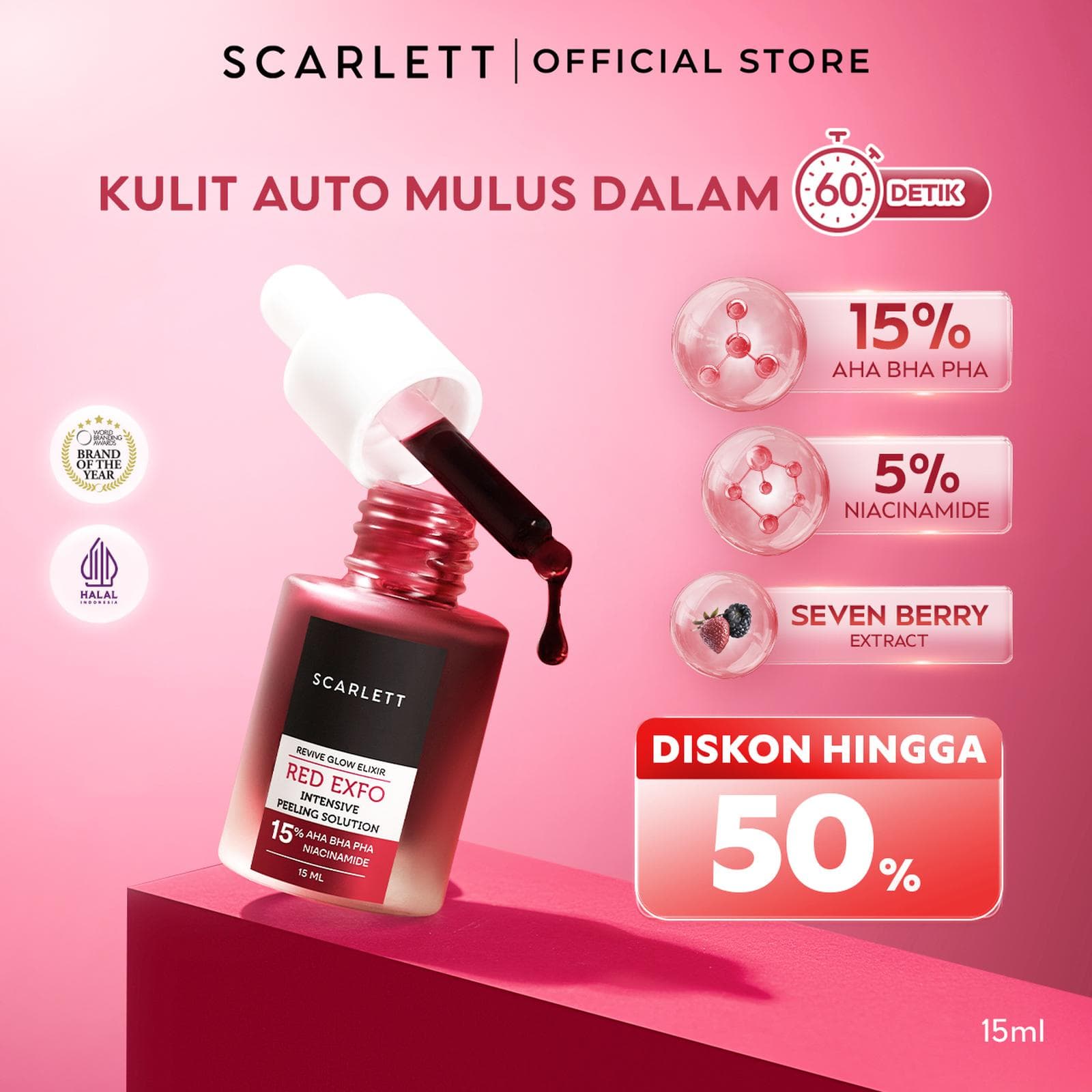 SCARLETT Revive Glow Elixir Red Exfo Intensive Peeling Solution - Peeling Serum Eksfoliasi Wajah Mencerahkan dan Halus dalam 60 detik 15% AHA BHA PHA 5% Niacinamide - Red Exfo